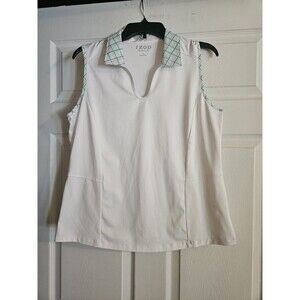 Izod Golf Top Womens L Activewear White Taylored Pleated Back Plaid Collar
